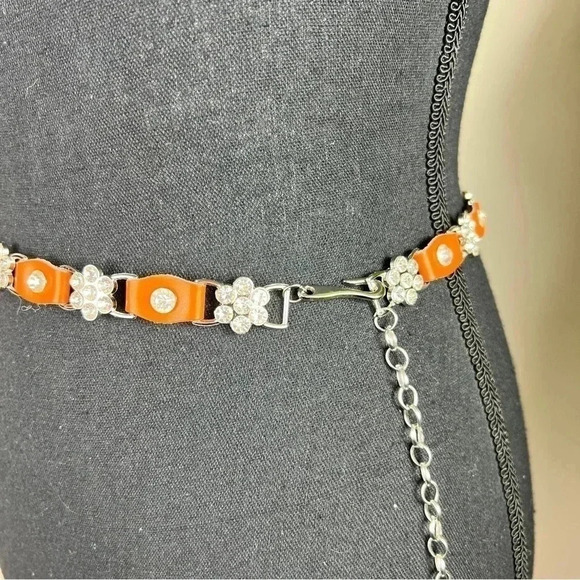 Teen Girl’s Rhinestone Floral Design with Orange Leather Tabs Chainlink Belt - Picture 2 of 12